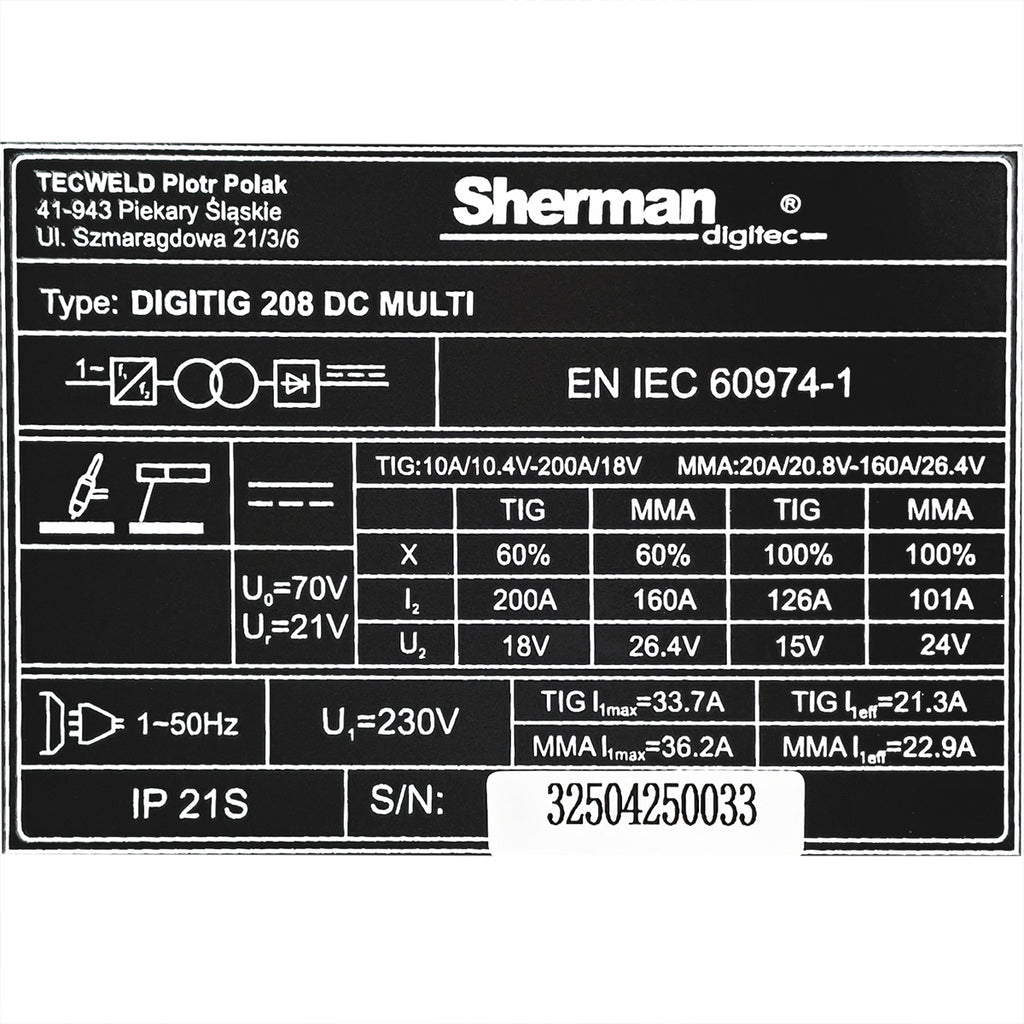Aparat Sudura Invertor TIG DIGITIG 208 DC MULTI 200A 230V Pulse, SHERMAN 7813173