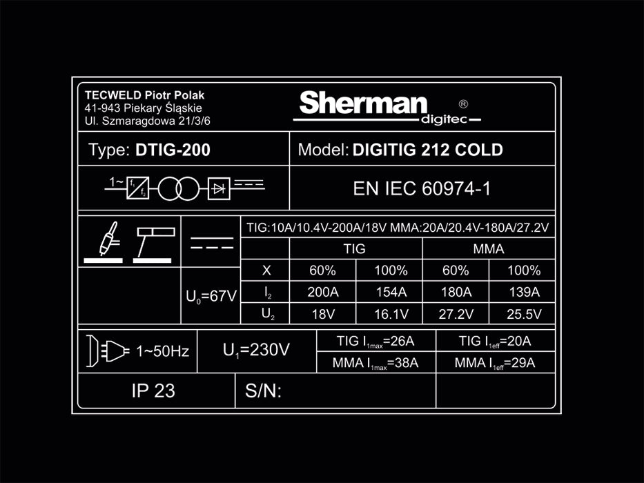 Aparat Sudura Invertor TIG DIGITIG 212 COLD 200A 230V, SHERMAN 7812679