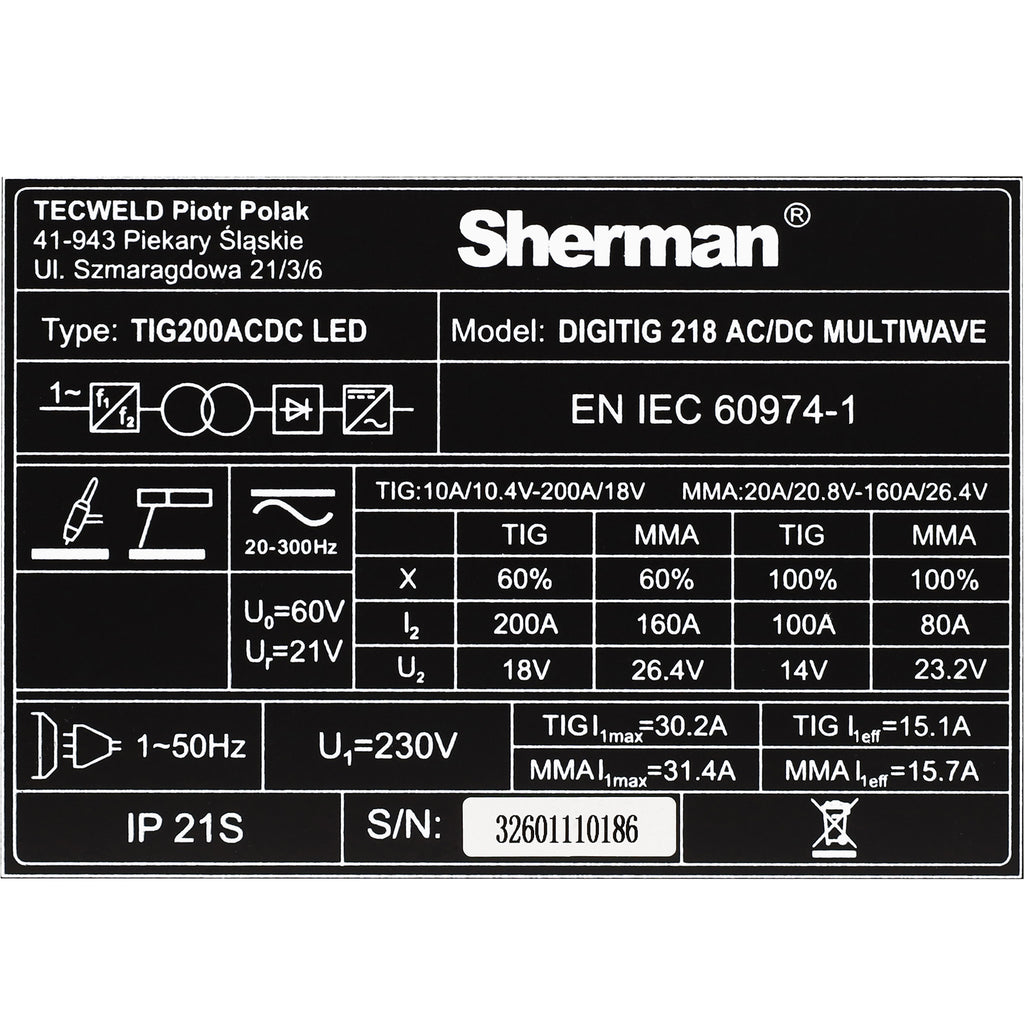Aparat Sudura Invertor TIG DIGITIG 218 ACDC MULTIWAVE 200A 230V IGBT, SHERMAN 7813079