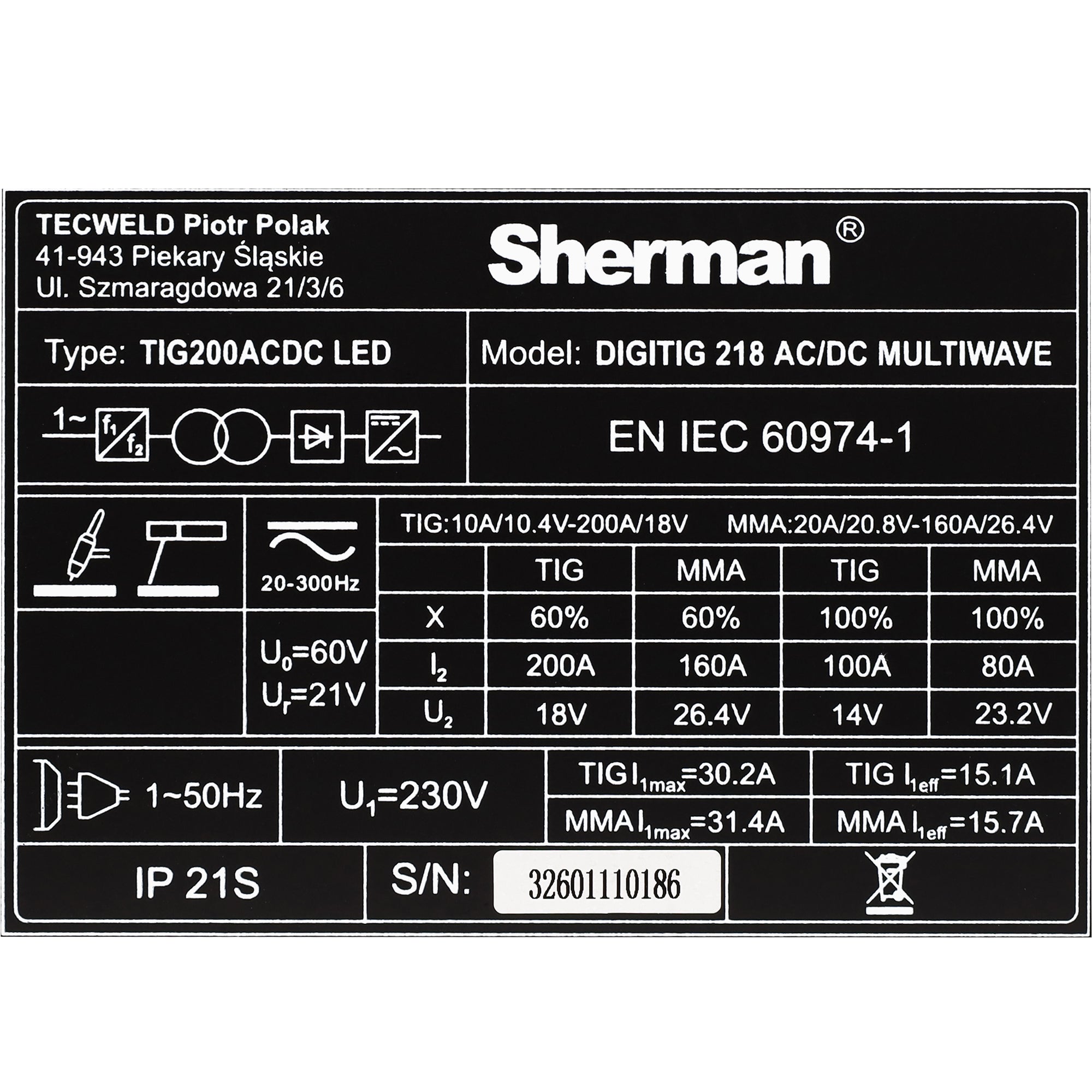 Aparat Sudura Invertor TIG DIGITIG 218 ACDC MULTIWAVE 200A 230V IGBT, SHERMAN 7813079