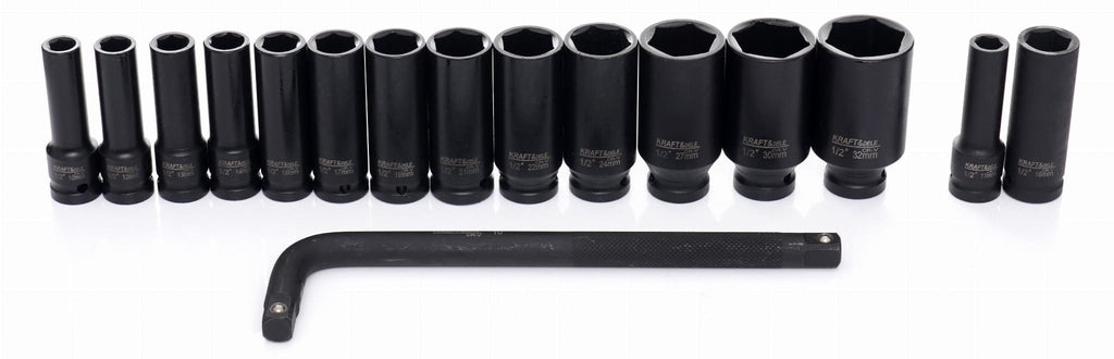Set Nasturi de Impact / Tubulare de Impact 1/2" DR 15+1 Piese 10-32mm pentru Cheie Pneumatica, Kraft&Dele KD11755