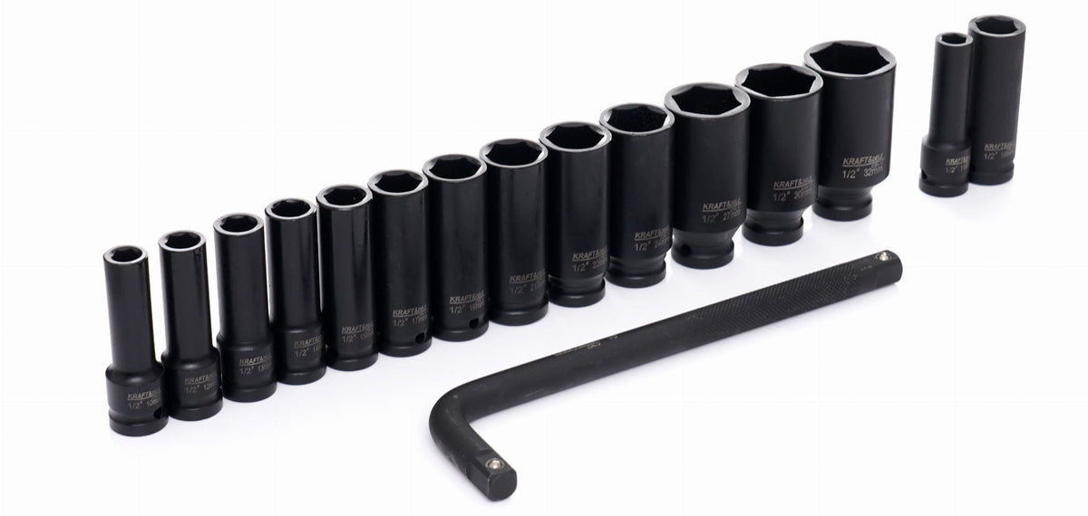 Set Nasturi de Impact / Tubulare de Impact 1/2" DR 15+1 Piese 10-32mm pentru Cheie Pneumatica, Kraft&Dele KD11755