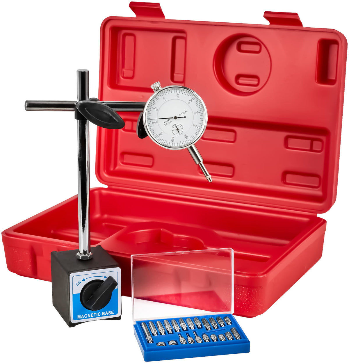 Ceas Comparator cu Cadran 0-10mm cu Stativ Magnetic si Set Varfuri de Masurare, Kraft&Dele KD11291