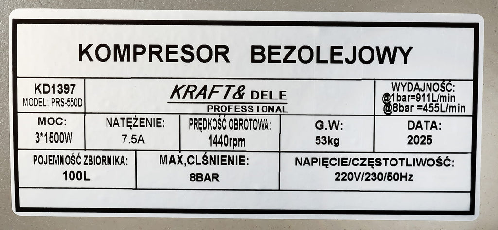 Compresor Aer fara Ulei 100L, Kraft&Dele KD1397