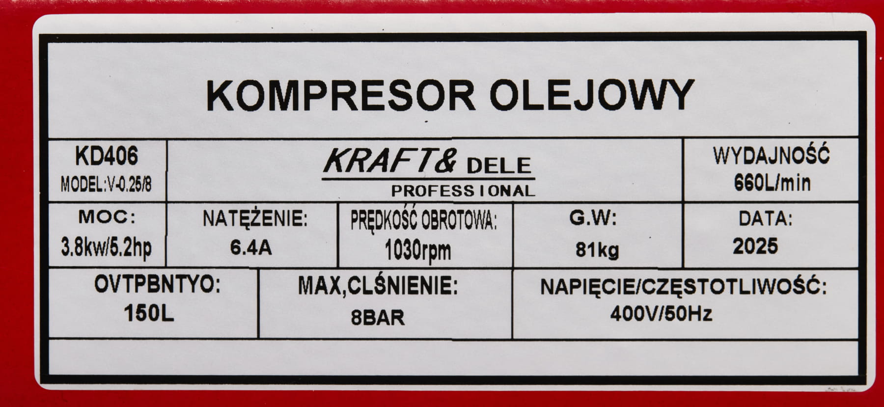 Compresor Aer 150L, 5.2CP, 8Bar, 640/min, Profesional, Kraft&Dele KD406