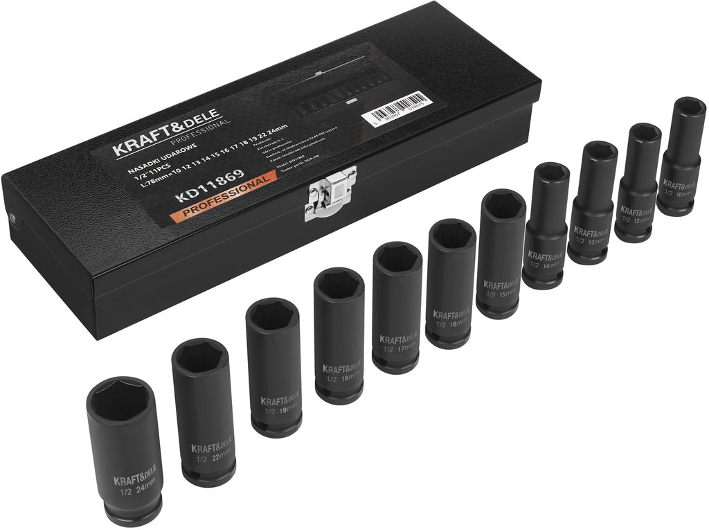 Set Chei Tubulare Impact 1/2" 11 Buc 10-24mm 78mm, Kraft&Dele KD11869