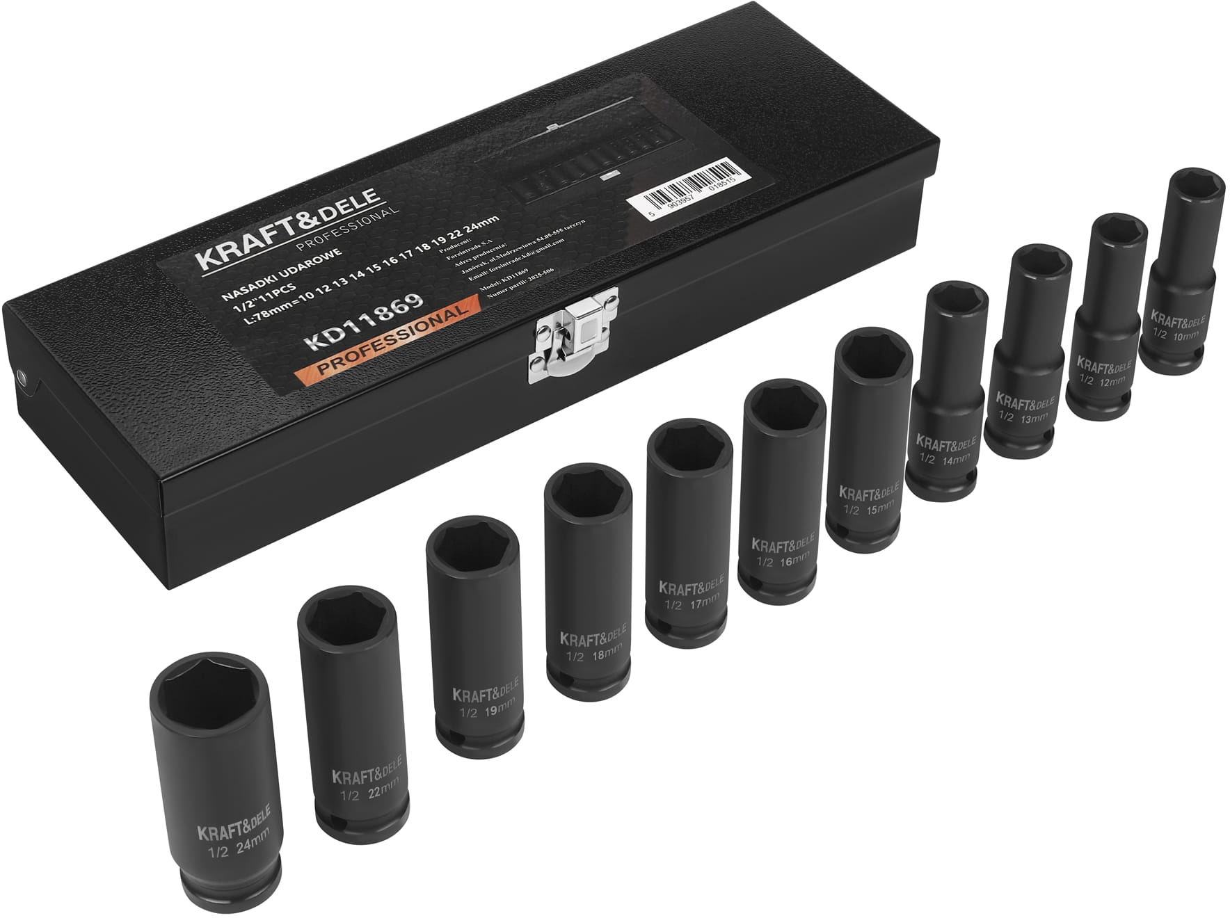 Set Chei Tubulare Impact 1/2" 11 Buc 10-24mm 78mm, Kraft&Dele KD11869