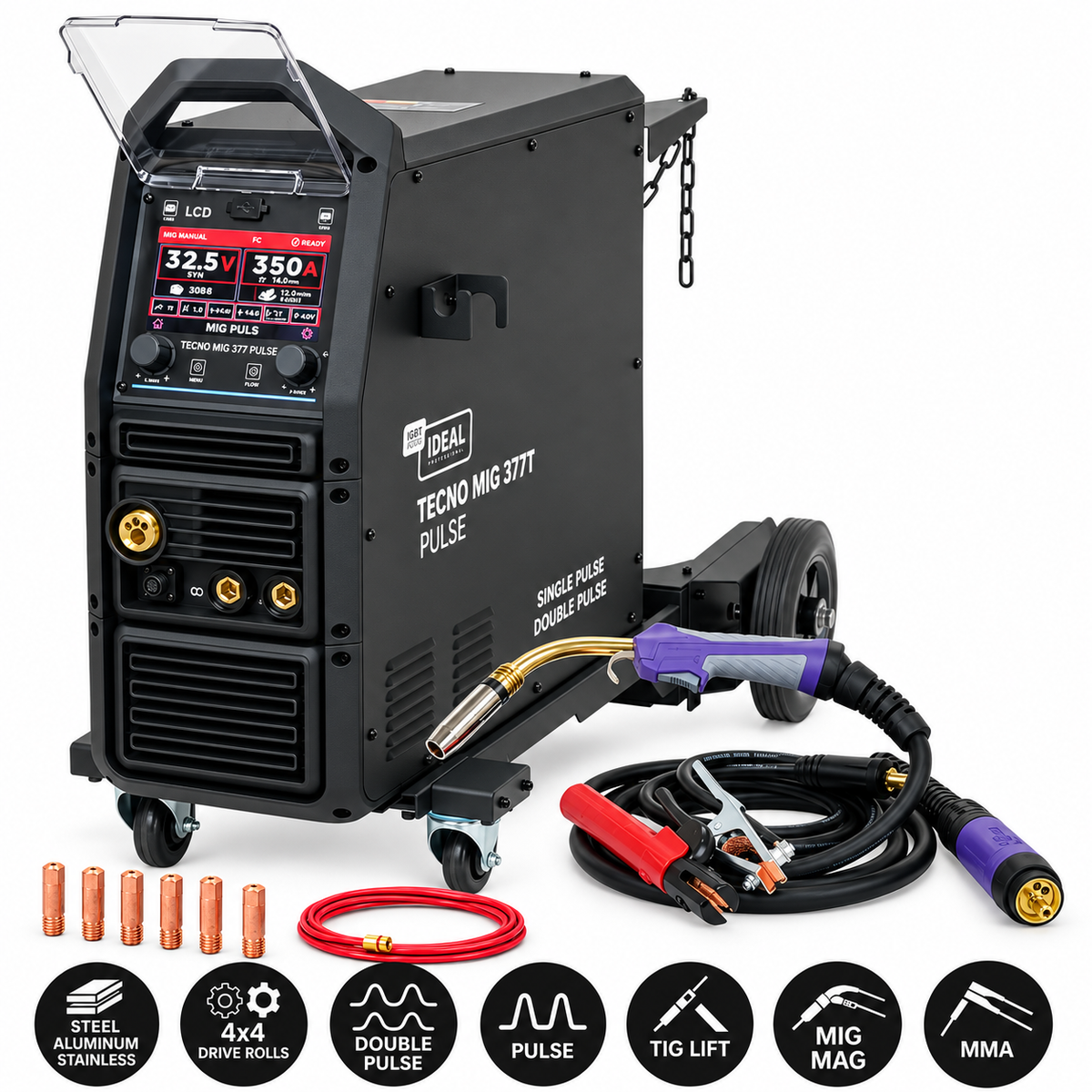 Aparat de Sudura Invertor TECNO MIG 377PT PULSE LCD Seria Neagra 4x4 MIG/MAG Synergic 350A 400V, Ideal TMIG377PT