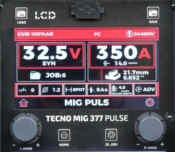Aparat de Sudura Invertor MIG/MAG Synergic TECNO MIG 377PT PULSE LCD Seria Neagră 4x4 TMIG377PT