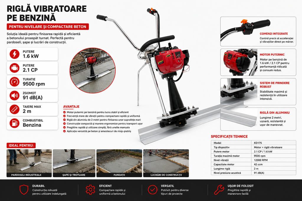 Rigla vibranta pentru beton 1.6kW / 2CP 2m, Kraft&Dele KD175-2K